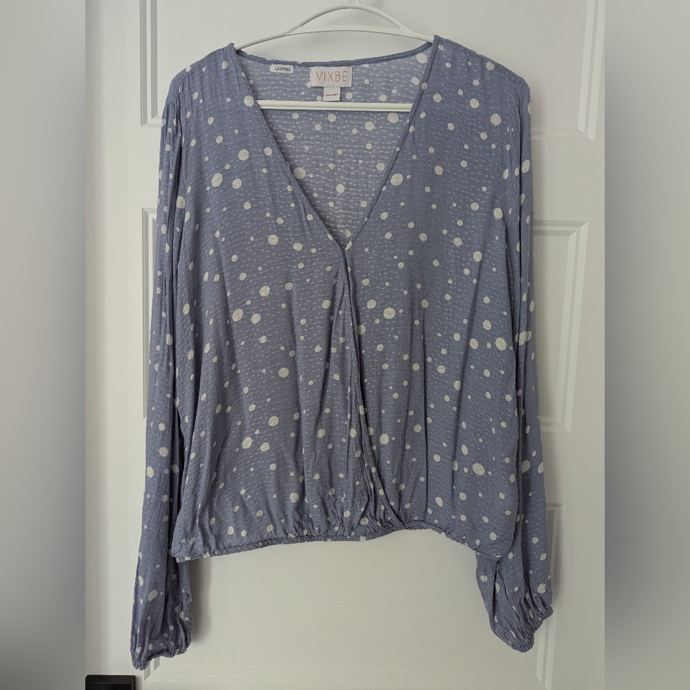 Tie Front Long Sleeve  Blue Blouse Wrap  Dots White Fit Size Medium Lightweight